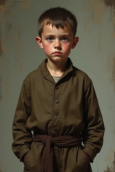 I want a picture of a poor German boy, standing straight and looking ahead, wearing a brown English court suit,