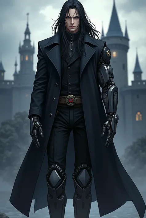 Create an anime-themed image of an adult male character with long black hair ,  your body is mechanically enhanced by mixing human and machine like a cyborg of old and heavy technology a black overcoat,  mechanical right arm mechanical legs , a strong body...