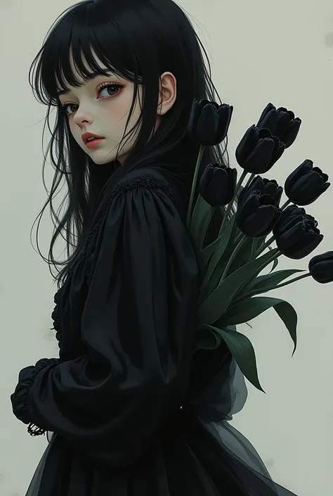 1 bouquet of black tulip bn on the sleeve of a girl with a black dress in manga black dress kere the picture does not look like a drawing