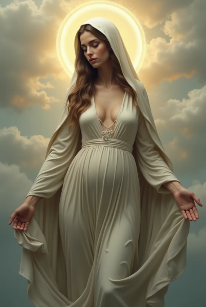 Virgin Mary sexy with halo among clouds with her dress very close to her body showing her contour and a slight belly.