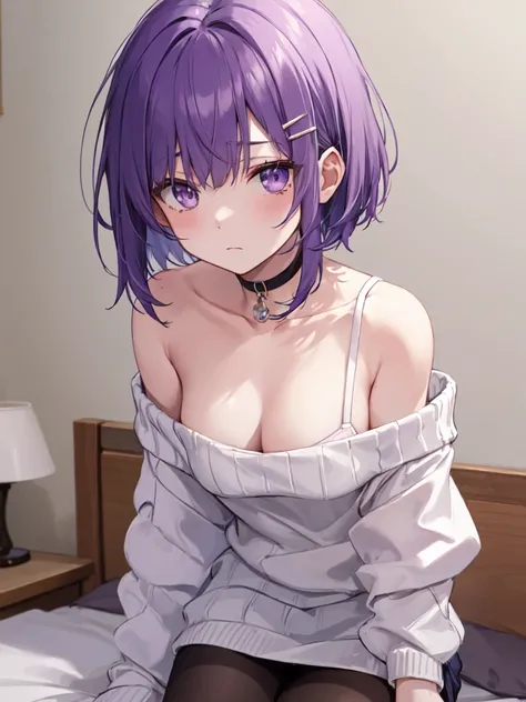  1 girl, solo, Purple Hair,  bob hair, Beautiful breasts, medium breasts, clothes when shooting, off-shoulder sweater, miniskirt,tights, hair clip, choker ,Slanted Eyes, Light purple eyes, close your mouth,melancholy, depressed, Japanese in white underwear...