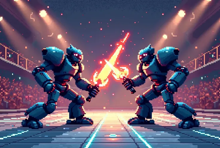 A retro 8-bit battle scene of two Robot Gladiators, framed in a pixelated wide shot with vibrant, blocky colors. The gladiators, designed with simple yet distinct pixel art, clash in the center of a futuristic arena. One wields a glowing plasma sword, whil...