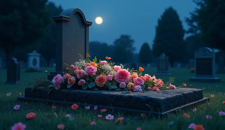 picture of a new grave in the grave, lots of flowers over the grave,  night atmosphere