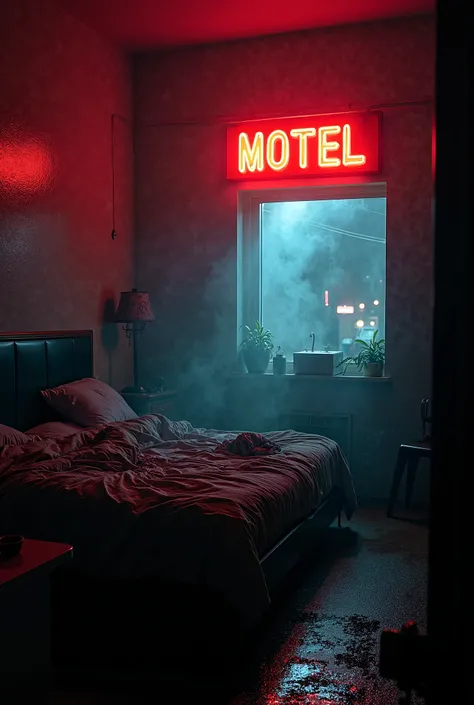 Modern red motel ambience room night cigarette smoke bed messy sheets neon 