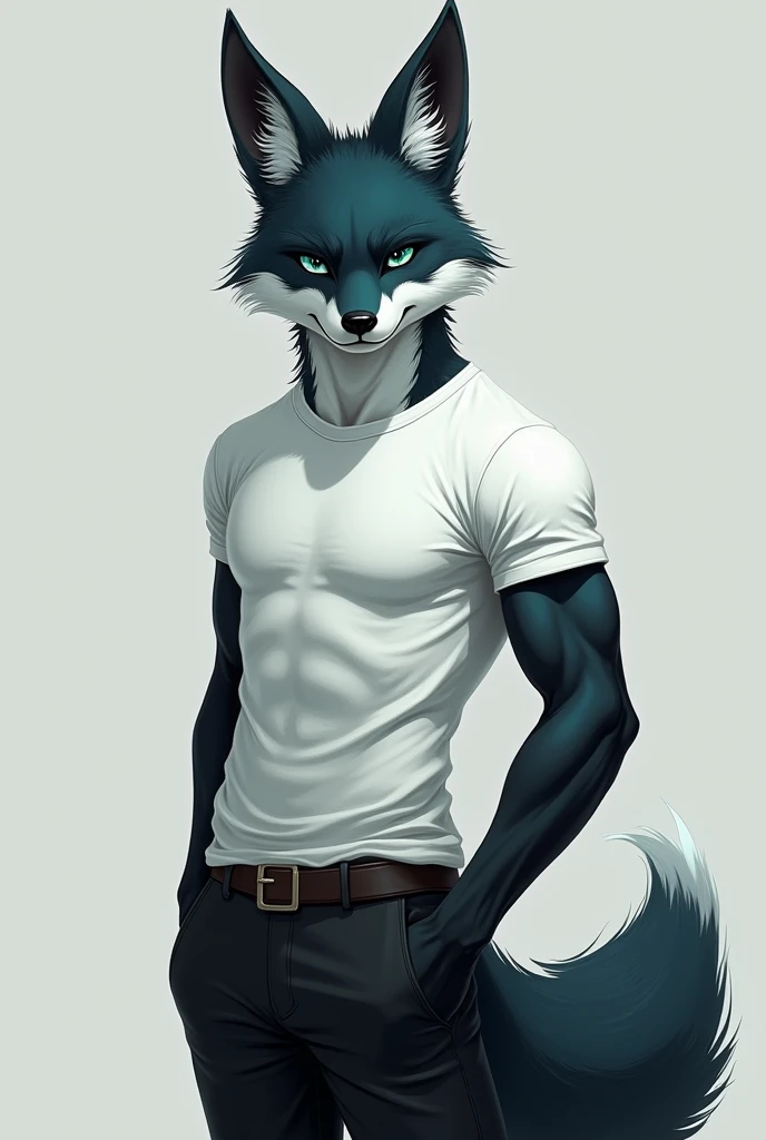 An anthro fox male with navy and black fur with teal eyes and wearing a white T-shirt with black pants 