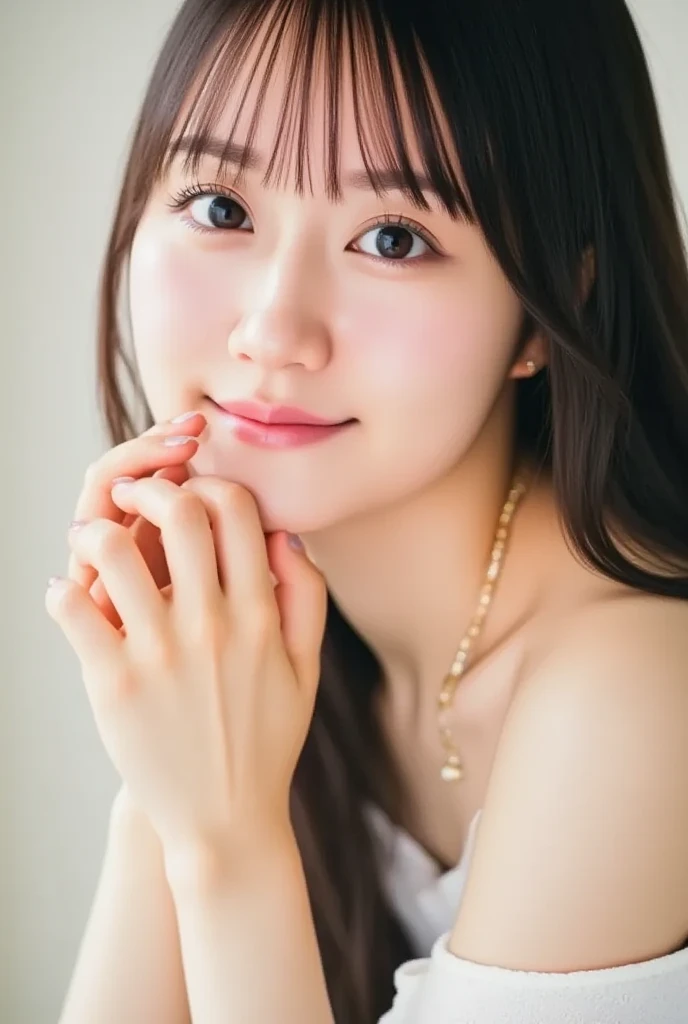 likeい, An adorable Korean woman poses gently for the camera , She gently places her hands on her chin , Her long,  Black hair wraps around her gentle face .  She embodies the sweet innocence of Korean idols ,  and adds playfulness and cuteness . Her perfec...