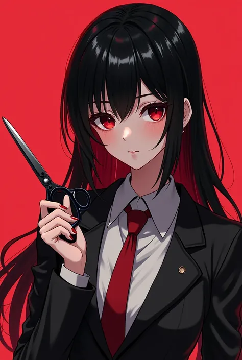 anime girl with black hair and red hair holding scissors in her hand, gapmoe yandere, yandere, kuvshinov ilya, anime character, anime style character, kuvshinov, perfect android girl, anime girl of the future, high quality anime artstyle, female anime char...