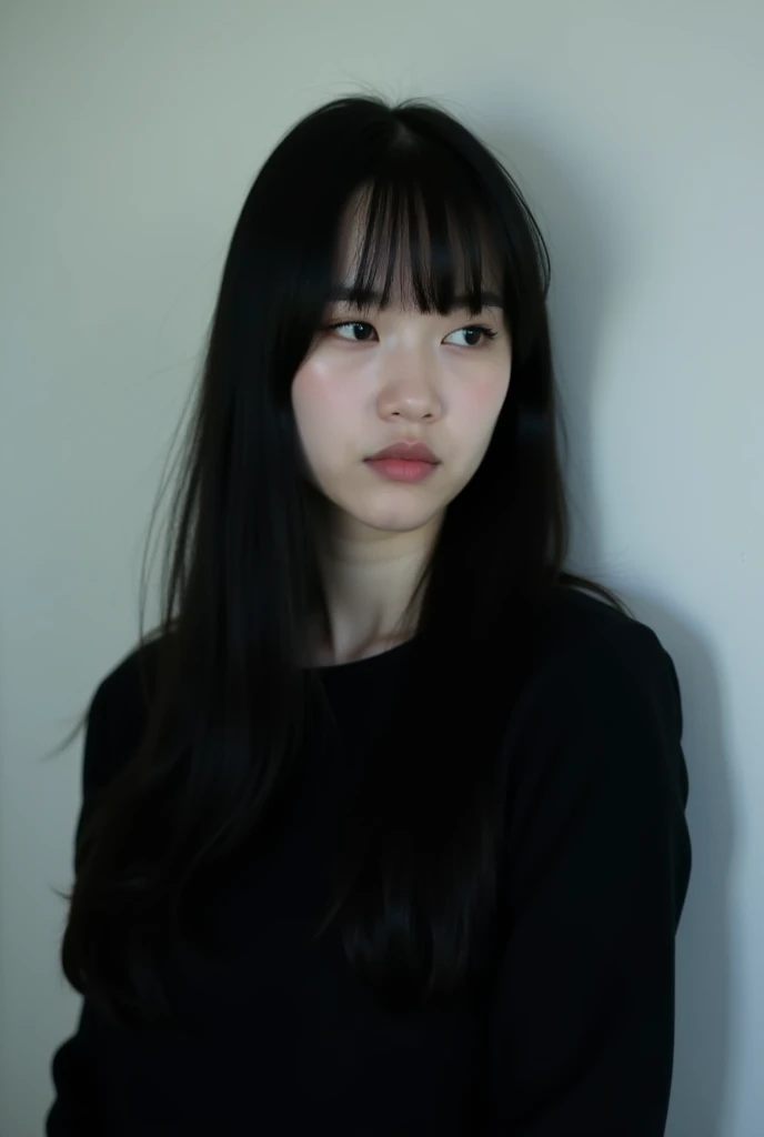 The photo shows a young woman in a dark setting against a plain, light background. She has long, straight black hair with bangs falling over her forehead. Her complexion is fair, almost porcelain-like. The woman is wearing subtle makeup that highlights her...