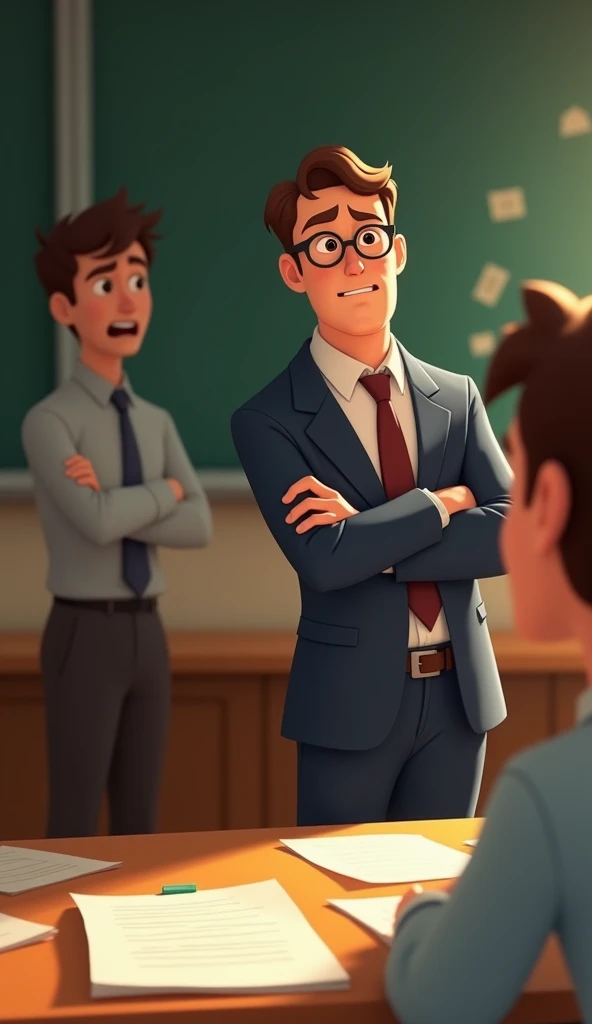 Sentence 5: "The instructor told him he would not take the test."

Prompt 1: Create a Disney Pixar style medium shot of the professor crossing his arms and shaking his head while the student looks frustrated. The background shows scattered papers on the pr...