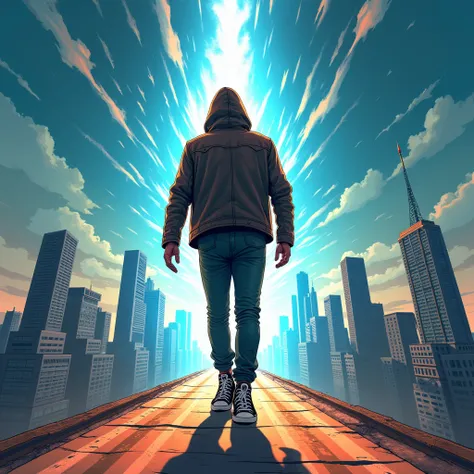  Modern Comic high graphic realistic details, hooded, leather jacket and black canvas sneakers crossing a portal in the sky , wake of blue light and orange rays ,  in the background New York City, Horizontal view