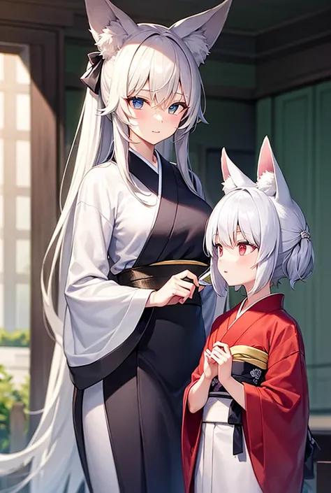  fox ear, Silver Hair, White Kimono ,Beauty, two girls ,  fox ear, black hair,Red kimono,Beauty