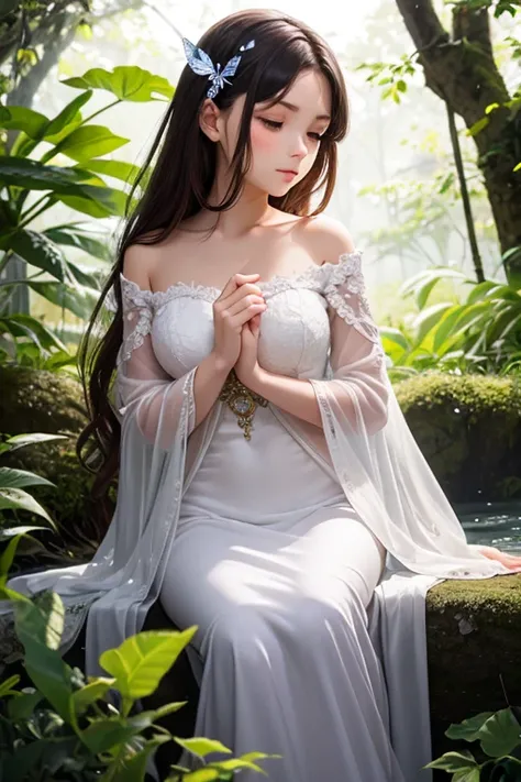 Amidst the clear stream in the lush woods,
A maiden sits gracefully, adorned in elegant attire.
Her silken fabric draped delicately,
A beauty profound, as if bestowed by the heavens.

She holds a crystal in her gentle hand,
Reflecting light like stars in t...