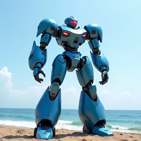  Jaeger or a giant robot of a new generation ,  has a unique body design , futuristic, and the simple-bodied , blue. penampilan yang futuristic dari semua mecha.  Standing gallantly on the beautiful seashore .  realistic photo , HD. 