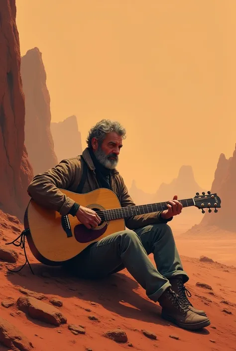 Man with guitar sad in mars