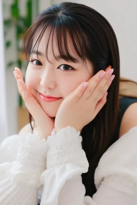 likeい, An adorable Korean woman poses gently for the camera , She gently places her hands on her chin , Her long,  Black hair wraps around her gentle face .  She embodies the sweet innocence of Korean idols ,  and adds playfulness and cuteness . Her perfec...