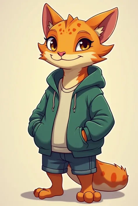 a cartoon cat with a smirking face, a character portrait inspired by Károly Brocky, reddit, mingei, anthro lizard, anthro gecko, lizard person, young male anthro dragon, handsome weasel fursona portrait, wearing a sweat shirt and his hands are iniside the ...