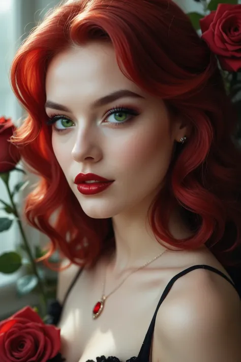 A pin-up style portrait of a beautiful young goth  woman(( look alike of Sunny Leone))with red hair styled in 1940s fashion, adorned with red roses. She wears a red and white leather dot dress and has bright green eyes and red lips. The background is a tex...