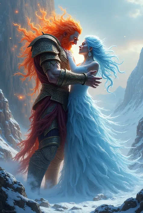 Create an image of a fire king and an ice queen embraced with hate and turned into statues