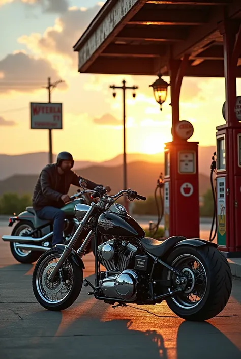 gas station,  late afternoon , several chopper bikes, Real photo,  high quality,  many details, 