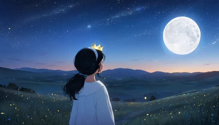 universe (sky), girl in the corner, con brillo estrellas en el sky, evening, 1 black hair girl with crown,night sky, vast starry sky, outdoor, Alone , wide, looking at the moon in profile,moon