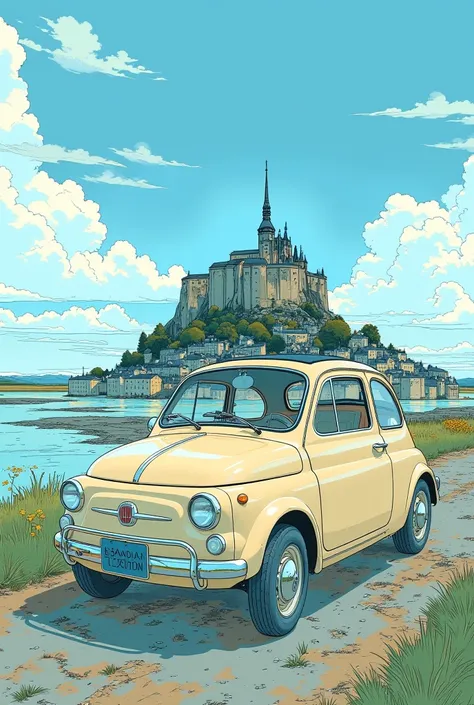 (  masterpiece  :1.2,  top quality),(  very detailed),  anime style,8k,16k,  wallpaper, A cream-colored Fiat 500 is running on Mt. Fuji,  blue sky,(France:2.0),(  Mont-Saint-Michel :2.0)