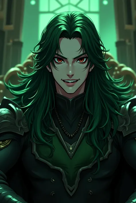 Beautiful male god of darkness, long green and black loose hair waves, green and black armor, dark green and black atmosphere, throne room, hyper anime, 4k, black realistic and expressive eyes, venomous skin, high details, smirk, black teeth with fangs