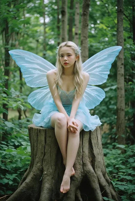 Portrait of an elegant and beautiful fairy、It has light blue, translucent butterfly wings.、European、mini skirt:1.5、Sitting on a big tree stump in the forest、Spread your beautiful legs、Portrait of an elegant and beautiful fairy、She is in harmony with nature...