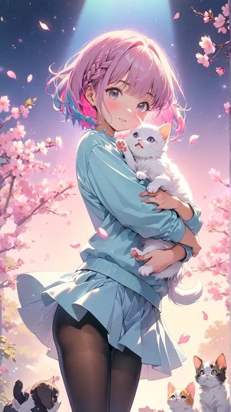 Hashimoto Kannas girl with a cute face、( best quality:1.2,  Very detailed, Latest,  vibrant ,   cute dog hugging pose, masterpiece:1.2,  best quality,  best aesthetics),  girl, (( Poses holding a cute kitten :1.4)),  colorful hair,Short bob ponytail with b...