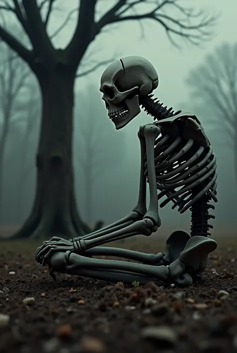 A man Skeleton like a real man sitting in sad position near a dry tree. The picture says that what is the reality of life.