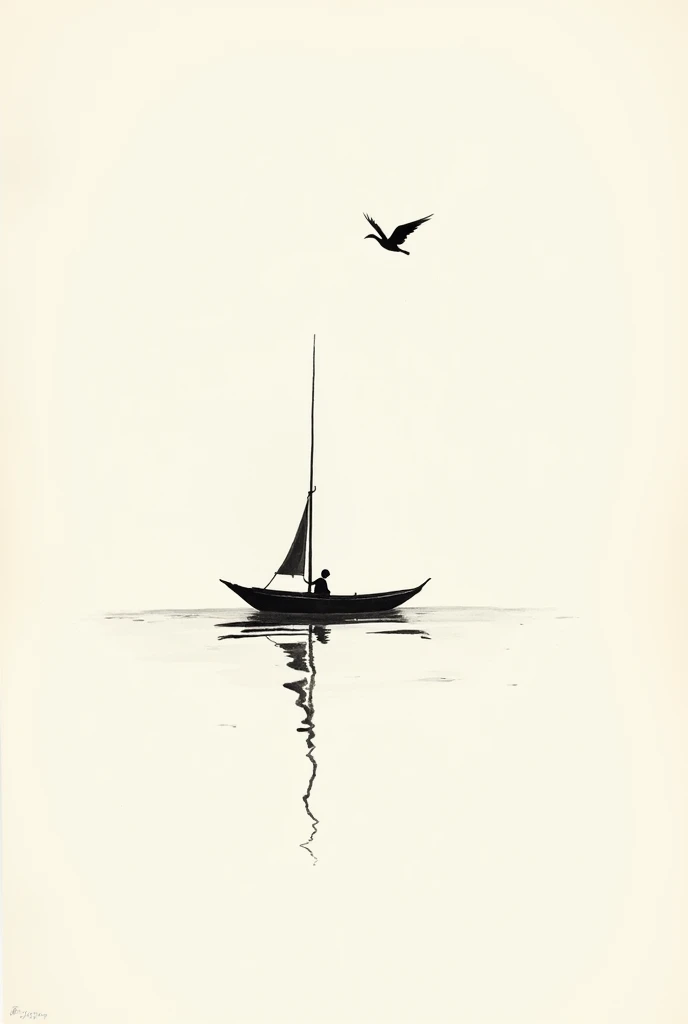 A handmade-style black ink sketch depicting a small sailboat on calm water, drawn in a traditional Japanese ink painting style. The artwork should evoke a sense of tranquility and minimalism, using deliberate, visible brushstrokes to emphasize the handmade...