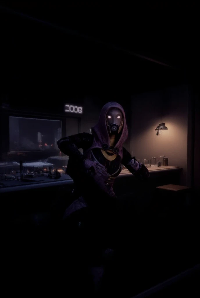 Mass effect TaliZorah with hood and mask, sitting behind a bar