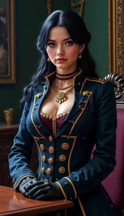 Female character (ethnicity:1.4), (age:1.5), (detailed clothing:1.8), (accessories:1.7), (facial features:1.9), (expression:1.5) in a dark, detailed, historical-inspired uniform, (detailed skin texture:1.5), (body type:1.2), (pose:1.5),  facing the viewer,...