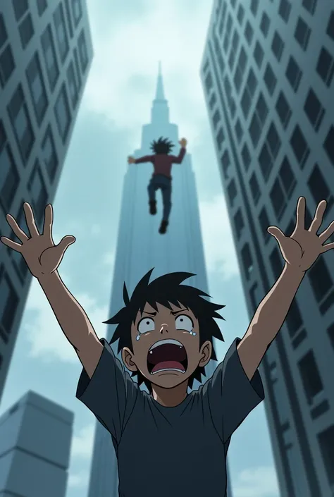 Create an anime-style image of a boy trying to save a person who threw himself off the top floor of a building while he cries and screams 
