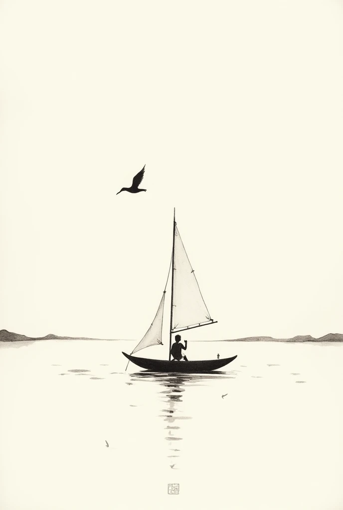 A handmade-style black ink sketch depicting a small sailboat on calm water, drawn in a traditional Japanese ink painting style. The artwork should evoke a sense of tranquility and minimalism, using deliberate, visible brushstrokes to emphasize the handmade...