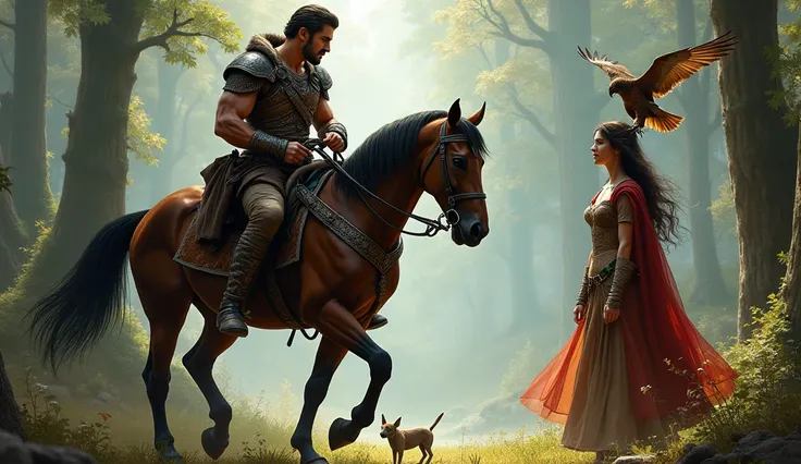 (Handsome man)(leather armor)(riding on dark brown horse)(walking on the right side)(facing left)(hawk perched on mans shoulder)(sword strapped to the mans side)(dog walking next to horse)(background wilderness)(beautiful woman)(magical dress and cloak)(st...