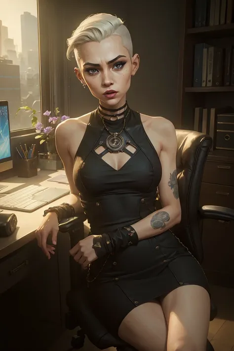 (Masterpiece:1.2, Best quality, cyberpunk), (real photo, Intricate details), (1lady, solo, Slender body, small breast,)，40 years old, old face  Experiment with appearance：Shave your head or white barbershop style short thick hair color, Barbershop style, Q...