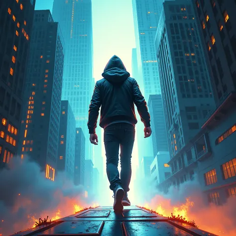  Modern Comic high graphics realistic details , hooded, leather jacket and black canvas sneakers crossing a portal in the sky , wake of blue light and orange rays ,  in the background New York City, Horizontal view