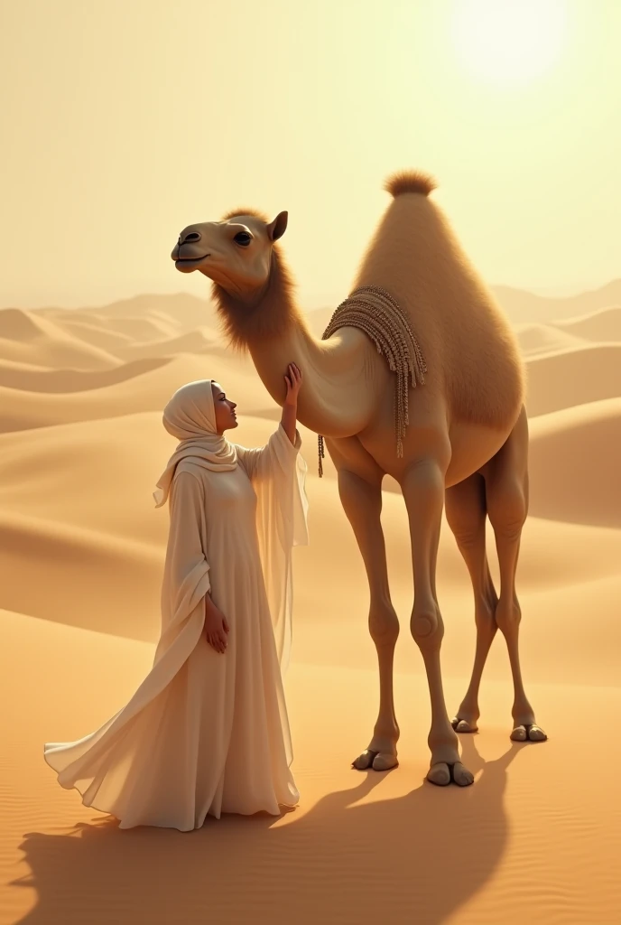 A beautiful Muslim woman is in the sand with a camel
