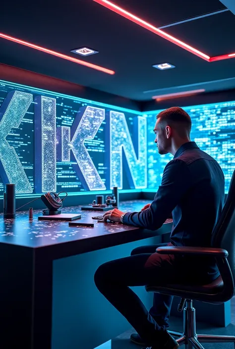  picture of a super sophisticated and modern future a half cybrog man is in a super advanced room creating something spectacular room complete with advanced tools and there is a 3D screen with words "KKN trajectory "   glowing neon sentences in true and ac...