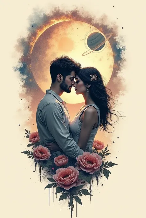 Tattoo design of a couple with ren playing on Saturn and the Moon 