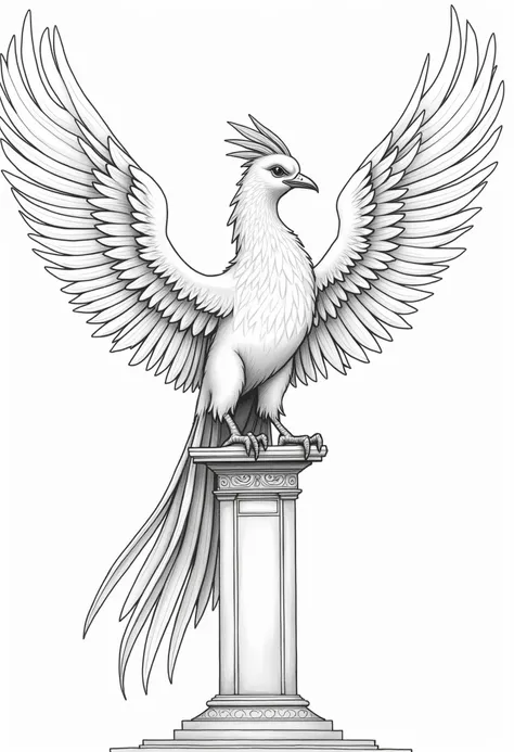  colorless and shadowless drawing , only coloring lines , of a Phoenix perched on a pedestal decorated with love runes