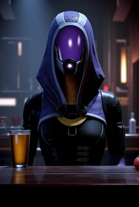 Mass effect TaliZorah with hood and mask, sitting behind a bar