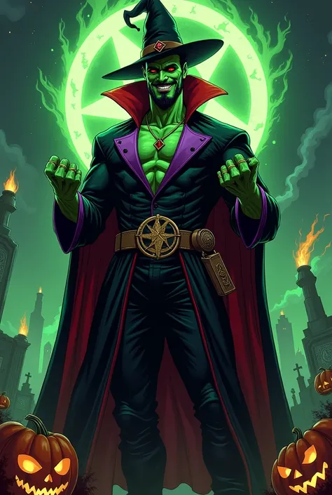 2d marvel comic pop artstyle, dr strange as a wicked wizard, evil smile, sinister grin and look at viewer, thick crooked eyebrows, green skinned, red viper eyes, tall, american, handsome, mesomoprhic body shape, flexing gigantic muscles, broad shoulders an...