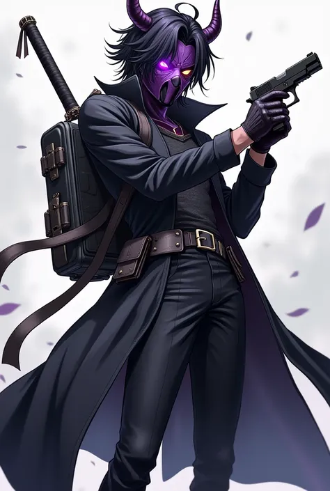 The anime-style character must have one leg slightly advanced and the right arm extended pointing the gun forward while the left arm holds another colt 45 close to the body, he maintains a penetrating and confident look, messy black hair, long black coat w...