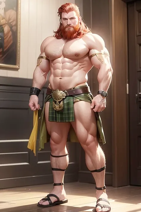 Men in a yellow kilt, sexy handsome, muscles, strong men, red hair, sandals, uncovered chest, masculine, 30 years old, red beard, green eyes, standing 