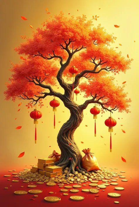 Draw a feng shui fortune tree, hanging on the tree are red lanterns, the tree is made of gold, around the base of the tree are bags of gold, gold bars scattered around the base of the tree, the leaves of the tree are gold with coins falling down.
The backg...