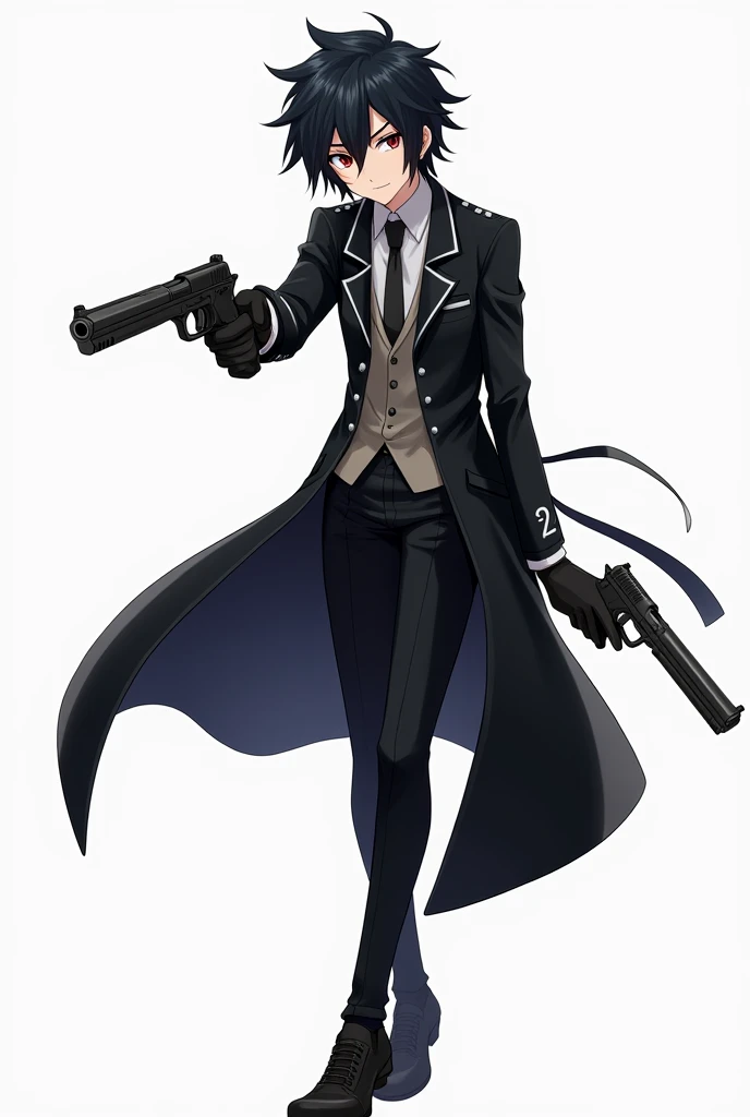 The anime-style character must have one leg slightly advanced and the right arm extended pointing the gun forward while the left arm holds another colt 45 close to the body, he maintains a penetrating and confident look, messy black hair, long black coat w...