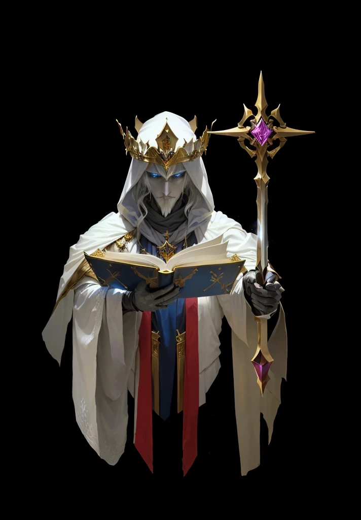 arafed man dressed in white holding a book and a sword, karthus from league of legends, cleric, omen from valorant, albedo from the anime overlord, priestess, the white king, elric of melnibone, holy crusader medieval, picture of a male cleric, albedo from...