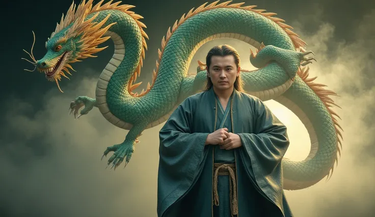 Create a realistic, photo-like illustration of a man wearing a traditional Japanese kimono, standing confidently with a serene yet strong expression. Behind him, a majestic Oriental dragon with a long, serpentine body hovers protectively, its form coiling ...