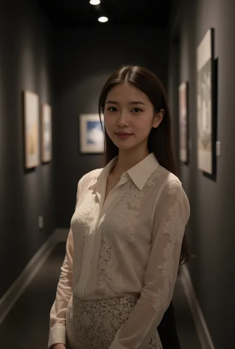 Set in an elegant art gallery, the Asian woman stands gracefully against charcoal gray walls that contrast with her attire. Dressed in an elegant white blouse adorned with an intricate lace pattern, she makes for sophistication and elegance, spotlights ill...